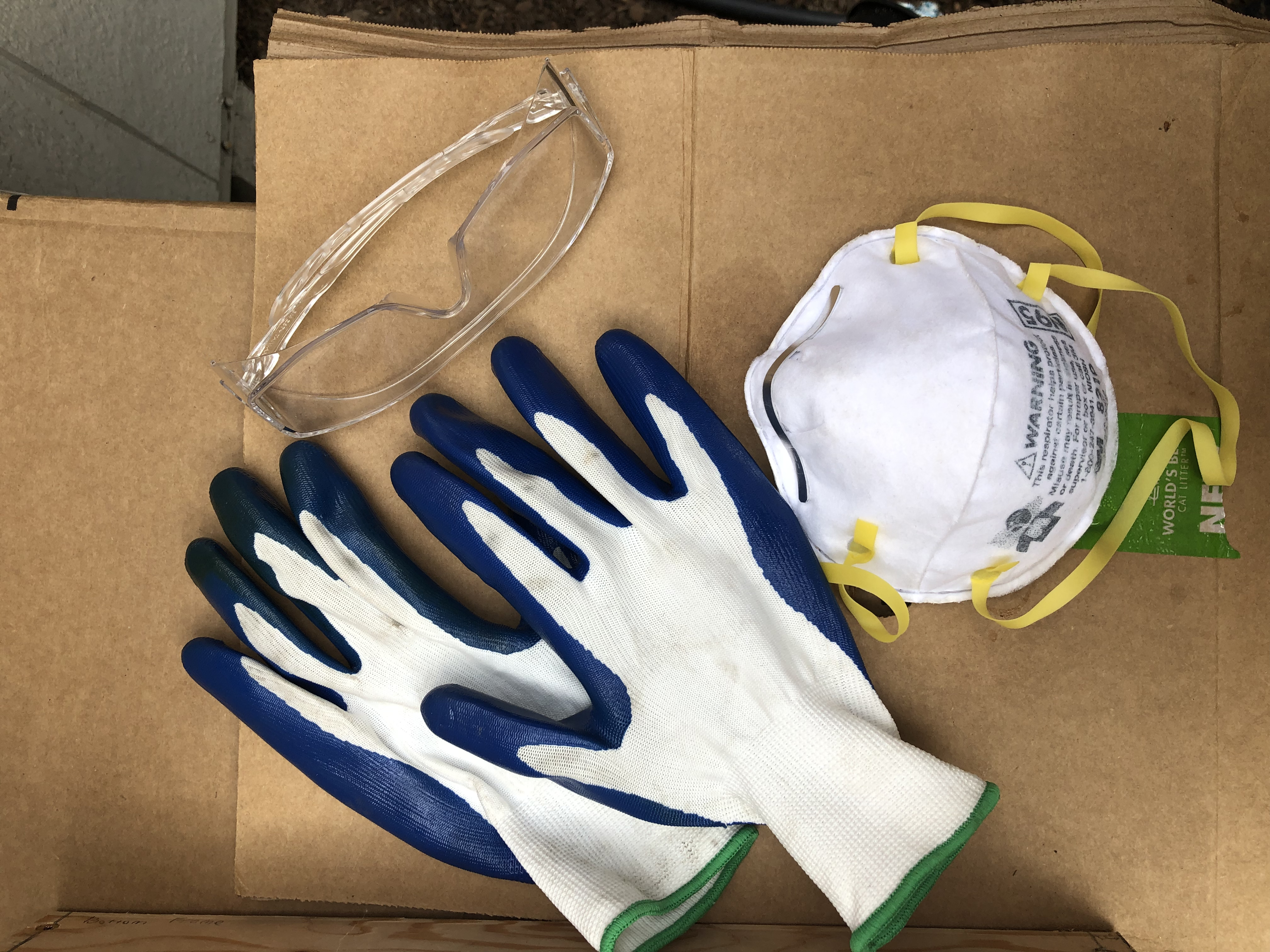 protective eyewear, N95 mask, wood working gloves